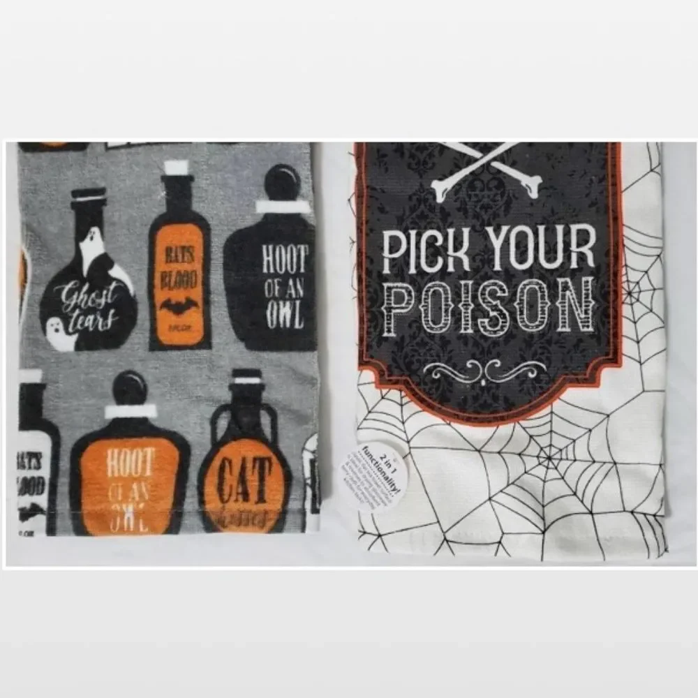 2 New Haunted House Kitchen Towels Halloween Gray & White Poison Potions Set NWT